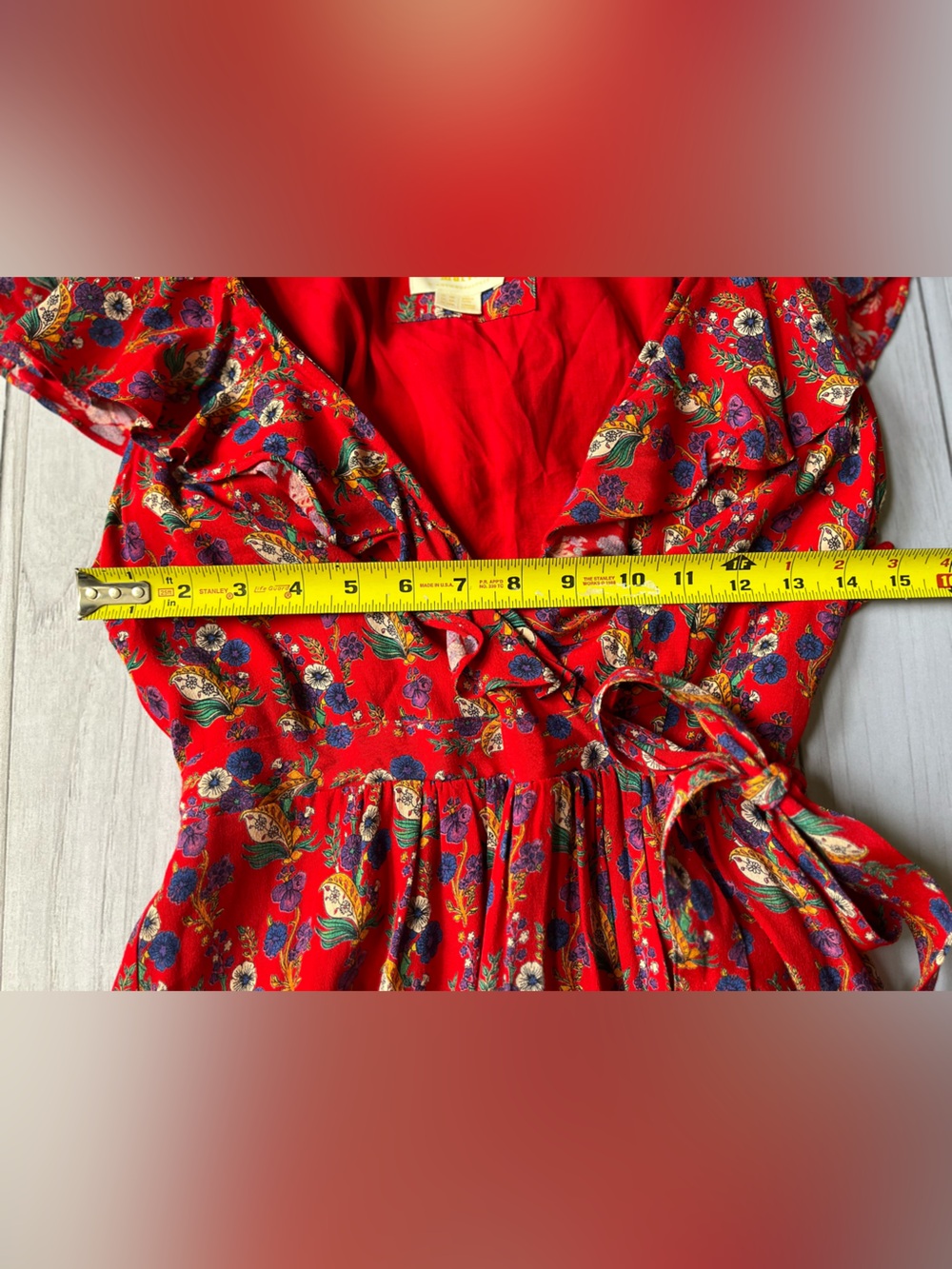 Anthropologie Maeve Rosalia red floral faux wrap ruffle v neck dress . Size 0P - Picture 11 of 14